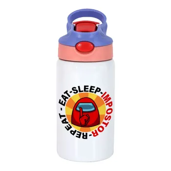 Among US Eat Sleep Repeat Impostor, Children's hot water bottle, stainless steel, with safety straw, pink/purple (350ml)