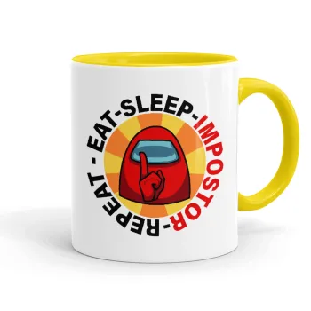 Among US Eat Sleep Repeat Impostor, Κούπα χρωματιστή κίτρινη, κεραμική, 330ml