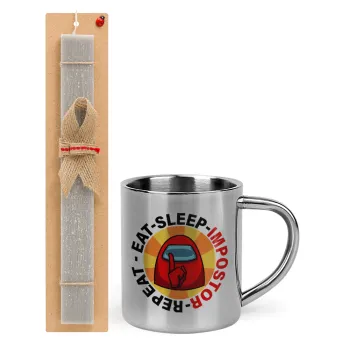 Among US Eat Sleep Repeat Impostor, Easter Set, metallic thermal cup (300ml) & Easter aromatic flat candle (30cm) (GRAY)