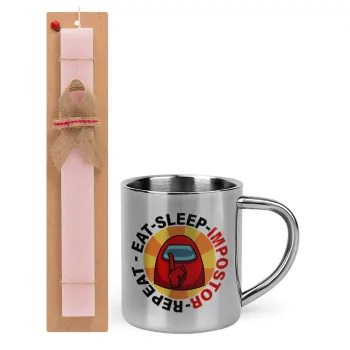 Among US Eat Sleep Repeat Impostor, Easter Set, metallic thermal cup (300ml) & aromatic flat Easter candle (30cm) (PINK)
