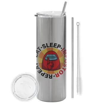 Among US Eat Sleep Repeat Impostor, Tumbler stainless steel Silver 600ml, with metal straw & cleaning brush