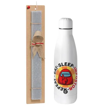 Among US Eat Sleep Repeat Impostor, Easter Set, metallic stainless thermos bottle (500ml) & scented flat Easter candle (30cm) (GRAY)