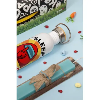 Among US Eat Sleep Repeat Impostor, Easter Set, metallic silver aluminum water bottle (500ml) & scented flat Easter candle (30cm) (TURQUOISE)