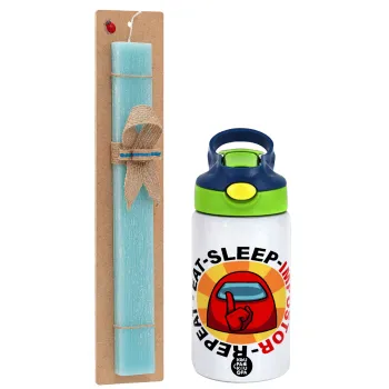 Among US Eat Sleep Repeat Impostor, Easter Set, Children's thermal stainless steel bottle with safety straw, green/blue (350ml) & aromatic flat Easter candle (30cm) (TURQUOISE)