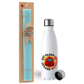 Among US Eat Sleep Repeat Impostor, Easter Set, metallic stainless steel water bottle (750ml) & aromatic flat Easter candle (30cm) (TURQUOISE)