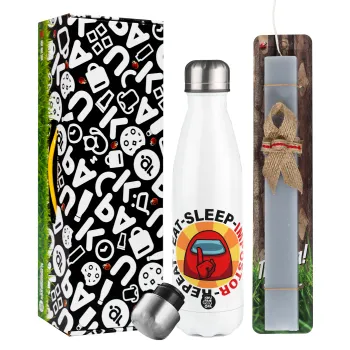 Among US Eat Sleep Repeat Impostor, Easter candle, metallic white thermos bottle (500ml) & aromatic flat candle (30cm) (GRAY)