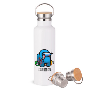 Among Trust no one, Stainless steel White with wooden lid (bamboo), double wall, 750ml