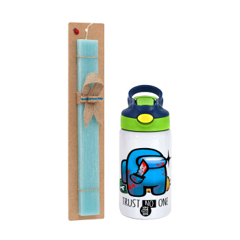 Among Trust no one, Easter Set, Children's thermal stainless steel bottle with safety straw, green/blue (350ml) & aromatic flat Easter candle (30cm) (TURQUOISE)