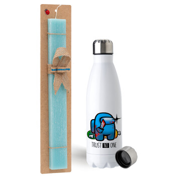 Among Trust no one, Easter Set, metallic stainless steel water bottle (750ml) & aromatic flat Easter candle (30cm) (TURQUOISE)