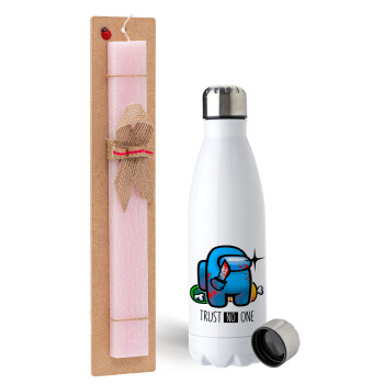 Among Trust no one, Easter Set, metallic stainless steel water bottle (750ml) & scented flat Easter candle (30cm) (PINK)