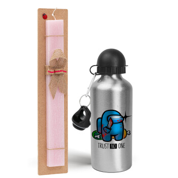 Among Trust no one, Easter Set, metallic Silver aluminum water bottle (500ml) & scented flat Easter candle (30cm) (PINK)