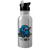 Water bottle Silver with straw, stainless steel 600ml