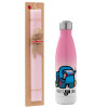 Easter Set, Metallic pink/white (Stainless steel) thermos, double-walled, 500ml & aromatic flat Easter candle (30cm) (PINK)