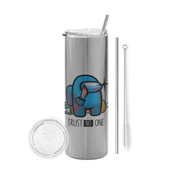 Among Trust no one, Eco friendly stainless steel Silver tumbler 600ml, with metal straw & cleaning brush