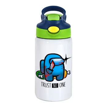 Among Trust no one, Children's hot water bottle, stainless steel, with safety straw, green, blue (350ml)