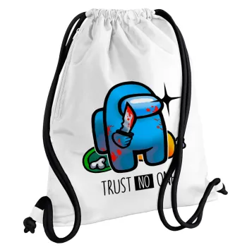 Among Trust no one, Backpack pouch GYMBAG white, with pocket (40x48cm) & thick cords