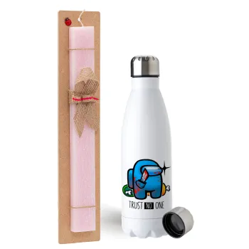 Among Trust no one, Easter Set, metallic stainless steel water bottle (750ml) & scented flat Easter candle (30cm) (PINK)