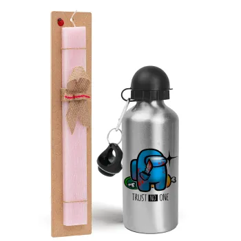 Among Trust no one, Easter Set, metallic Silver aluminum water bottle (500ml) & scented flat Easter candle (30cm) (PINK)