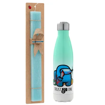 Among Trust no one, Πασχαλινή Λαμπάδα με Μεταλλικό παγούρι θερμός Πράσινο/Λευκό (Stainless steel), διπλού τοιχώματος, 500ml & κερί αρωματικό πλακέ (30cm) (ΤΙΡΚΟΥΑΖ)