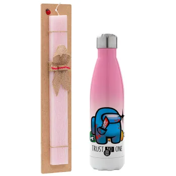 Among Trust no one, Πασχαλινή Λαμπάδα με Μεταλλικό παγούρι θερμός Ροζ/Λευκό (Stainless steel), διπλού τοιχώματος, 500ml & κερί αρωματικό πλακέ (30cm) (ΡΟΖ)