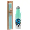 Easter Set, Metallic green/white thermos (Stainless steel), double-walled, 500ml & scented flat Easter candle (30cm) (TURQUOISE)