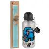 Easter Set, metallic silver aluminum water bottle (500ml) & scented flat Easter candle (30cm) (TURQUOISE)