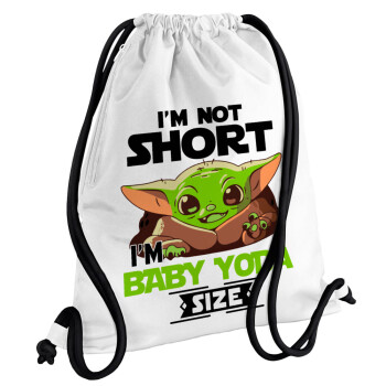 I'm not short, i'm Baby Yoda size, Τσάντα πλάτης πουγκί GYMBAG λευκή, με τσέπη (40x48cm) & χονδρά κορδόνια