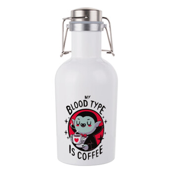My blood type is coffee, Μεταλλικό παγούρι Λευκό (Stainless steel) με καπάκι ασφαλείας 1L