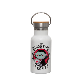 My blood type is coffee, Μεταλλικό παγούρι θερμός (Stainless steel) Λευκό με ξύλινο καπακι (bamboo), διπλού τοιχώματος, 350ml