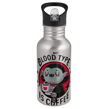 My blood type is coffee, Water bottle Silver with straw, stainless steel 500ml