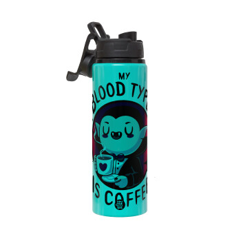 My blood type is coffee, Μεταλλικό παγούρι νερού με καπάκι ασφαλείας, αλουμινίου 850ml