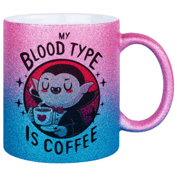 My blood type is coffee, Κούπα Χρυσή/Μπλε Glitter, κεραμική, 330ml