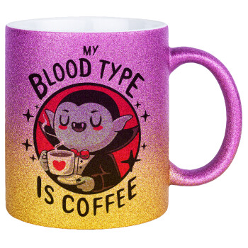 My blood type is coffee, Κούπα Χρυσή/Ροζ Glitter, κεραμική, 330ml