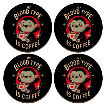 My blood type is coffee, ΣΕΤ x4 Σουβέρ ξύλινα στρογγυλά plywood (9cm)