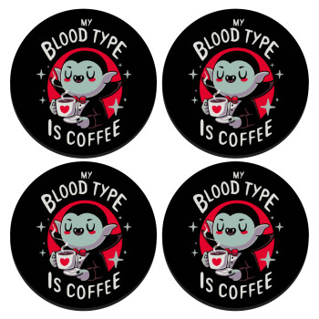 My blood type is coffee, ΣΕΤ 4 Σουβέρ ξύλινα στρογγυλά (9cm)