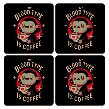 My blood type is coffee, ΣΕΤ x4 Σουβέρ ξύλινα τετράγωνα plywood (9cm)