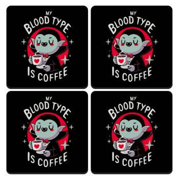 My blood type is coffee, ΣΕΤ 4 Σουβέρ ξύλινα τετράγωνα (9cm)
