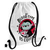 My blood type is coffee, Τσάντα πλάτης πουγκί GYMBAG λευκή, με τσέπη (40x48cm) & χονδρά κορδόνια