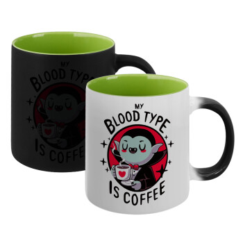 My blood type is coffee, Κούπα Μαγική εσωτερικό πράσινο, κεραμική 330ml που αλλάζει χρώμα με το ζεστό ρόφημα