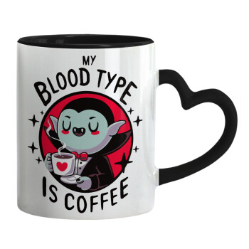 My blood type is coffee, Κούπα καρδιά χερούλι μαύρη, κεραμική, 330ml