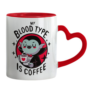 My blood type is coffee, Κούπα καρδιά χερούλι κόκκινη, κεραμική, 330ml