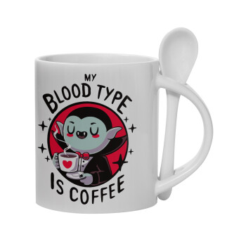 My blood type is coffee, Ceramic coffee mug with Spoon, 330ml (1pcs)