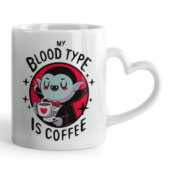 My blood type is coffee, Κούπα καρδιά χερούλι λευκή, κεραμική, 330ml
