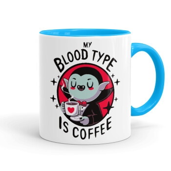 My blood type is coffee, Mug colored light blue, ceramic, 330ml
