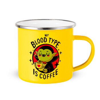My blood type is coffee, Κούπα Μεταλλική εμαγιέ Κίτρινη 360ml