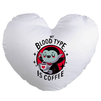 My blood type is coffee, Μαξιλάρι καναπέ καρδιά 40x40cm περιέχεται το  γέμισμα