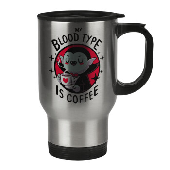 My blood type is coffee, Κούπα ταξιδιού ανοξείδωτη με καπάκι, διπλού τοιχώματος (θερμό) 450ml