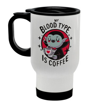 My blood type is coffee, Κούπα ταξιδιού ανοξείδωτη με καπάκι, διπλού τοιχώματος (θερμό) λευκή 450ml