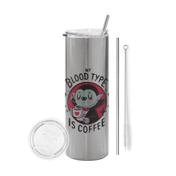 My blood type is coffee, Tumbler ποτήρι θερμό Ασημένιο από ανοξείδωτο ατσάλι 600ml, με μεταλλικό καλαμάκι & βούρτσα καθαρισμού