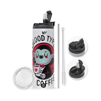 My blood type is coffee, Travel Tumbler 2 Lids, with metal straw & cleaning brush (Stainless steel 304 Food grade, BPA free, 600ml)